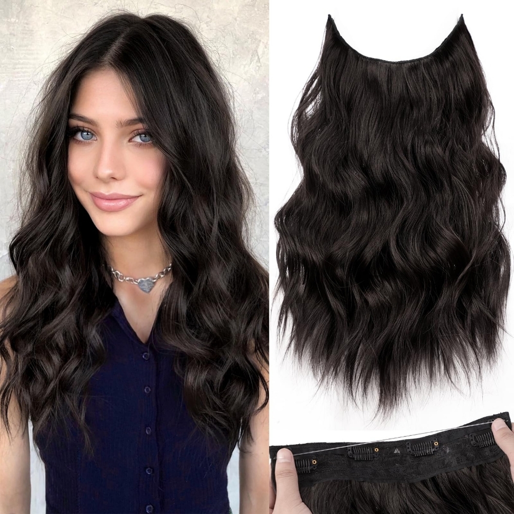 Invisible Wire Clip-In Hair Extension 16” Dark Brown Wavy – Natural‎ Volume